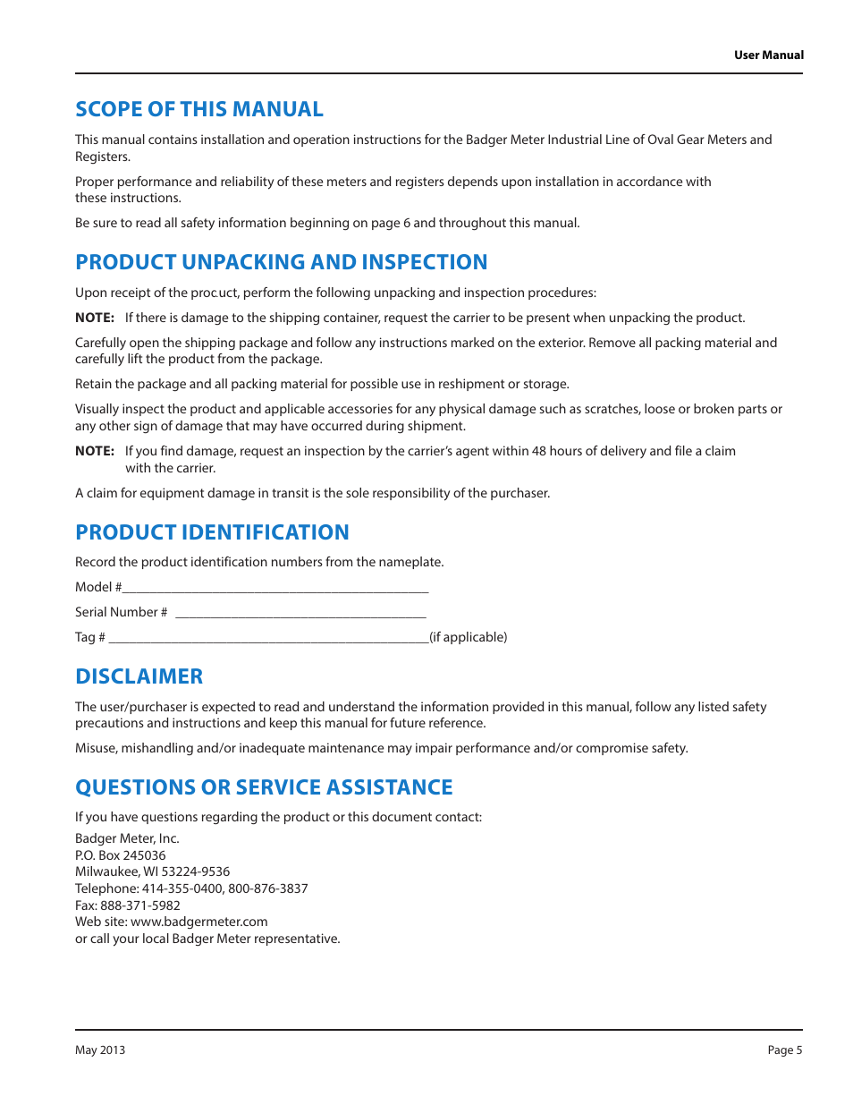 Scope of this manual, Product unpacking and inspection, Product identification | Disclaimer, Questions or service assistance | Badger Meter Model IOG User Manual | Page 5 / 24
