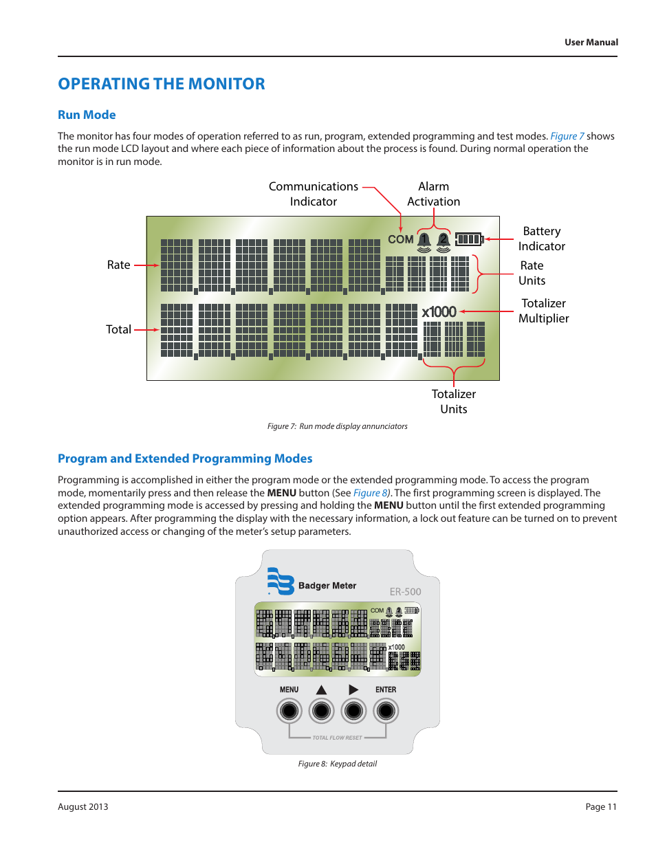 Figure 7: run mode display annunciators, Figure 8: keypad detail, Operating the monitor | Run mode, Program and extended programming modes, Operating the monitor 11 | Badger Meter Model IOG User Manual | Page 11 / 40