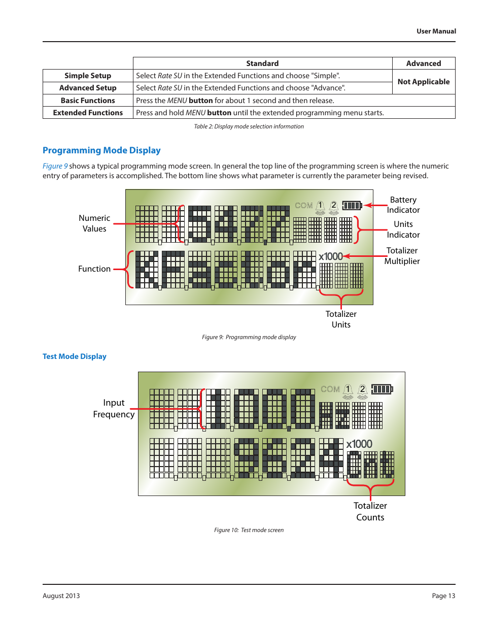 Figure 9: programming mode display, Figure 10: test mode screen, Programming mode display | Programming mode display 13 | Badger Meter Model IOG User Manual | Page 13 / 40