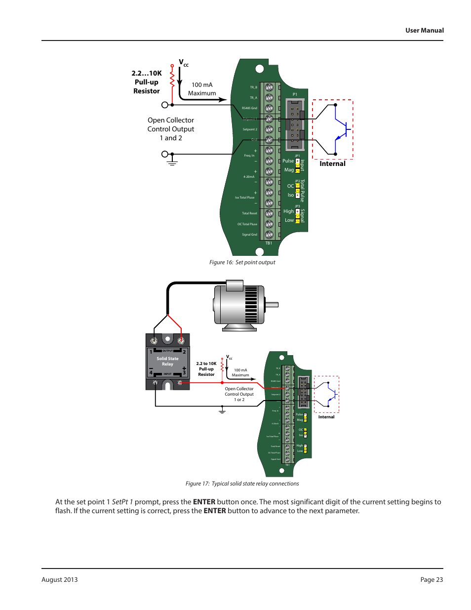 Figure 16: set point output, Figure 17: typical solid state relay connections, Figure 16 | Figure, Internal, 100 ma maximum | Badger Meter Model IOG User Manual | Page 23 / 40