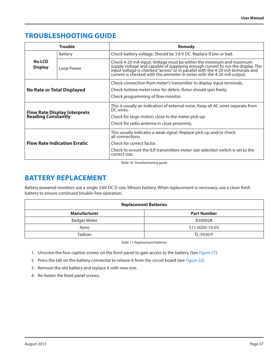Troubleshooting guide, Battery replacement, Troubleshooting guide 37 | Battery replacement 37 | Badger Meter Model IOG User Manual | Page 37 / 40
