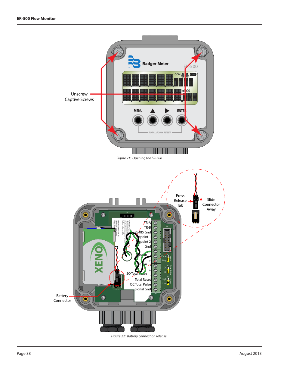 Figure 21: opening the er-500, Figure 22: battery connection release, 38 figure 22: battery connection release 38 | Figure 21, D (see, Figure 22, Unscrew captive screws | Badger Meter Model IOG User Manual | Page 38 / 40