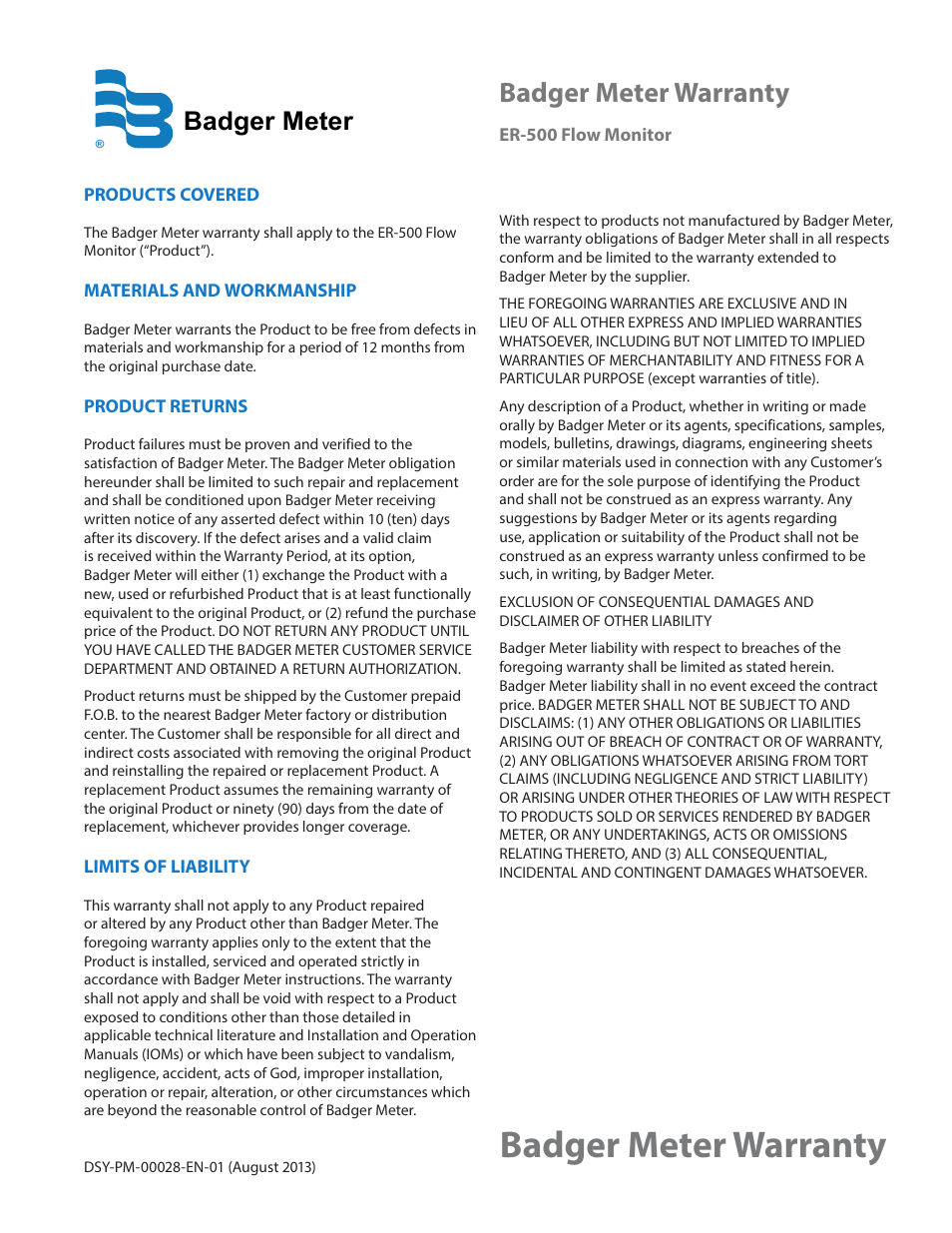 Badger meter warranty, Badger meter | Badger Meter Model IOG User Manual | Page 39 / 40