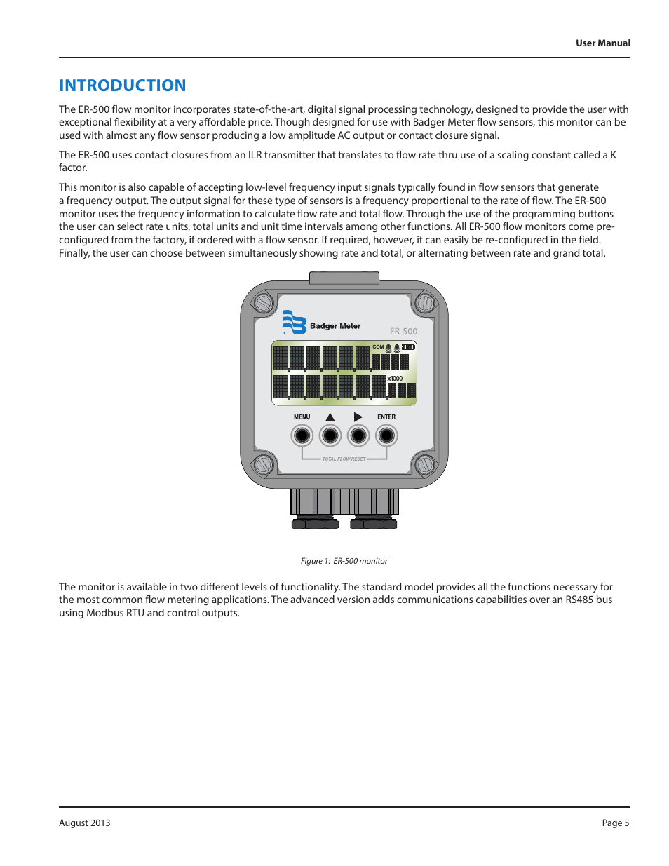 Figure 1: er-500 monitor, Introduction, Introduction 5 | Badger Meter Model IOG User Manual | Page 5 / 40