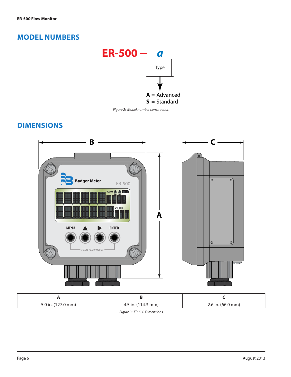 Figure 2: model number construction, Figure 3: er-500 dimensions, Model numbers | Dimensions, Model numbers 6, Dimensions 6, Er-500, Cb a, A = advanced s = standard, Type | Badger Meter Model IOG User Manual | Page 6 / 40