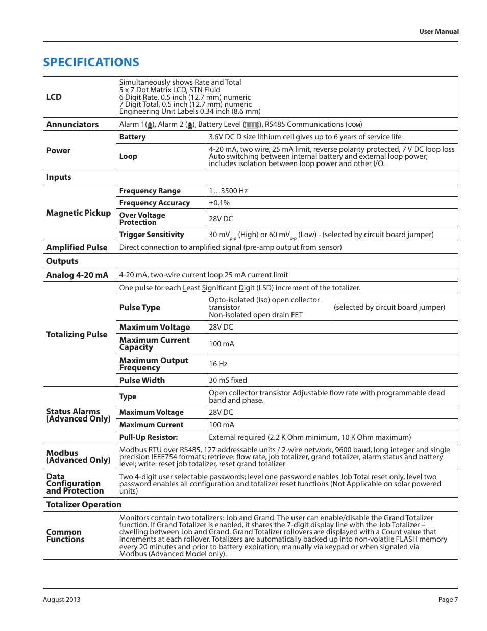 Specifications, Specifications 7 | Badger Meter Model IOG User Manual | Page 7 / 40