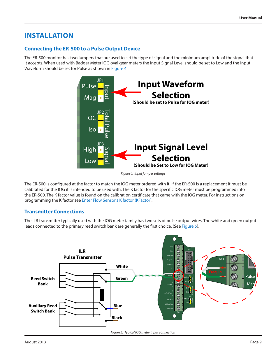 Figure 4: input jumper settings, Figure 5: typical iog meter input connection, Installation | Connecting the er-500 to a pulse output device, Transmitter connections, Installation 9, 9 transmitter connections 9, Input waveform selection, Input signal level selection | Badger Meter Model IOG User Manual | Page 9 / 40