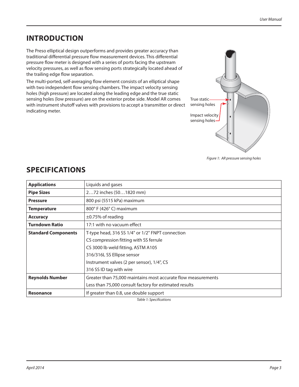 Introduction, Specifications | Badger Meter AR - Regular (2 to 72")" User Manual | Page 3 / 8
