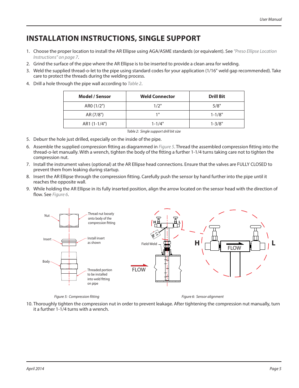 Installation instructions, single support | Badger Meter AR - Regular (2 to 72")" User Manual | Page 5 / 8