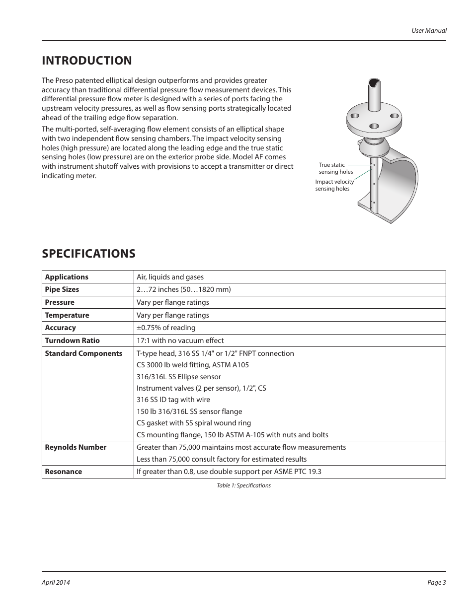 Introduction, Specifications | Badger Meter AF - Flanged (2 to 120")" User Manual | Page 3 / 12