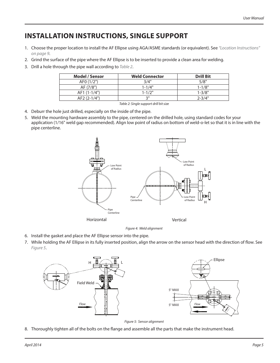 Installation instructions, single support | Badger Meter AF - Flanged (2 to 120")" User Manual | Page 5 / 12