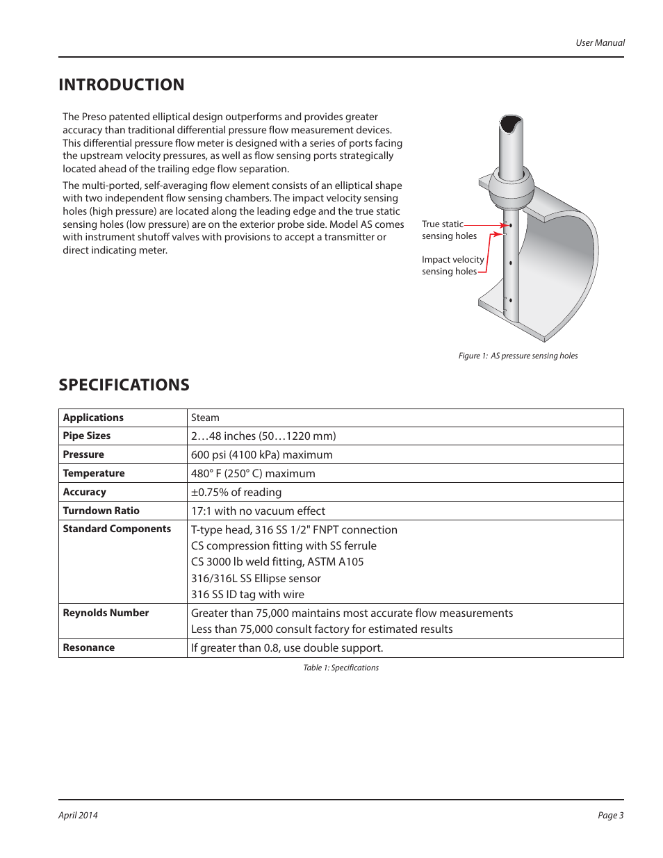 Introduction, Specifications | Badger Meter AS - Steam (2 to 72")" User Manual | Page 3 / 8