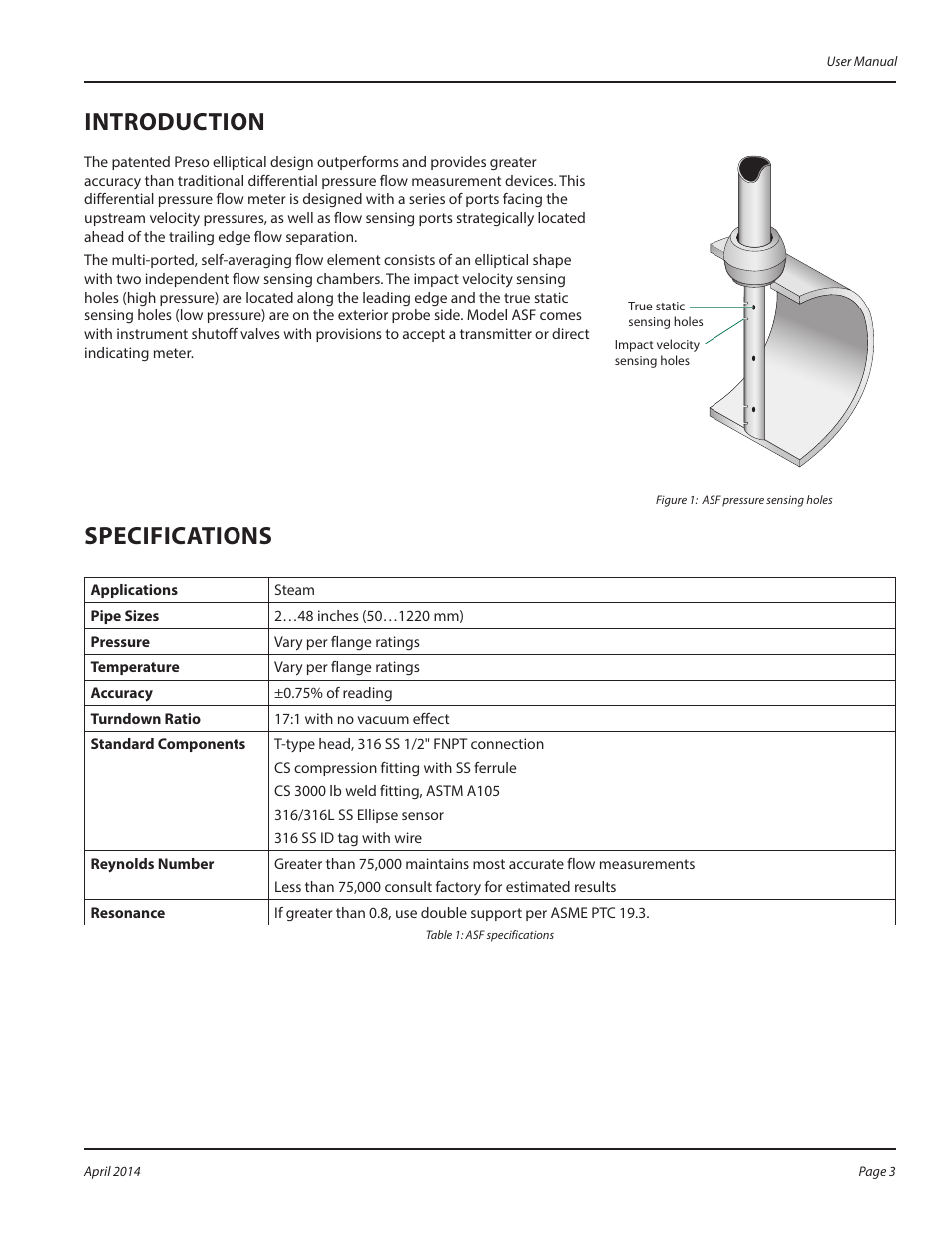 Introduction, Specifications | Badger Meter ASF - Steam (2 to 48")" User Manual | Page 3 / 8