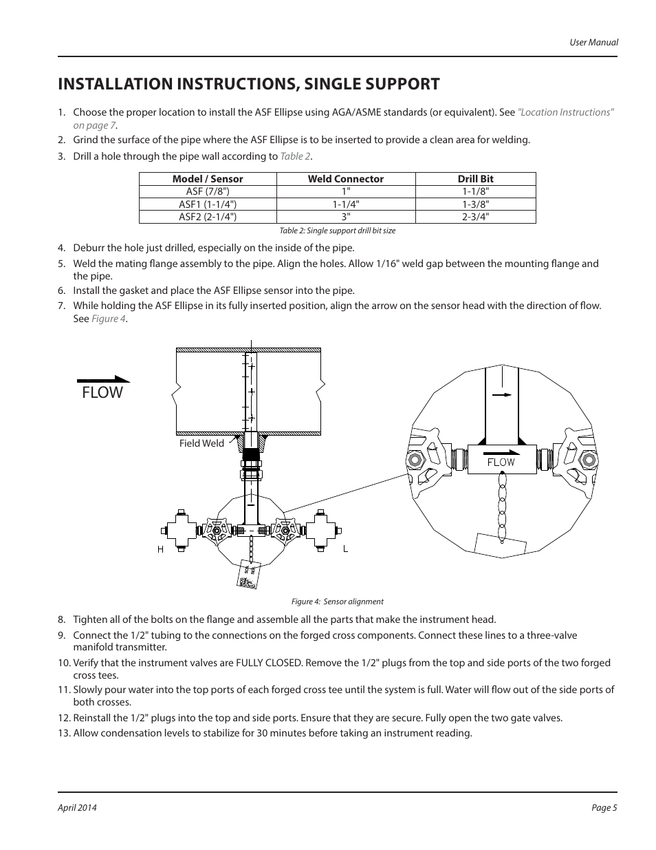Installation instructions, single support, Flow | Badger Meter ASF - Steam (2 to 48")" User Manual | Page 5 / 8