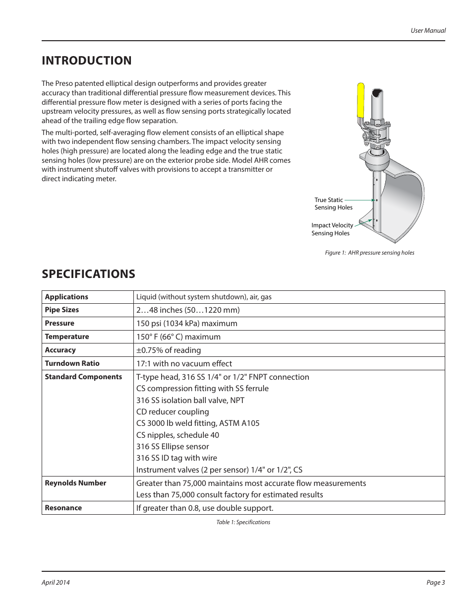 Introduction, Specifications | Badger Meter AHR - Wet Tap, Low Pressure (2 to 36")" User Manual | Page 3 / 8