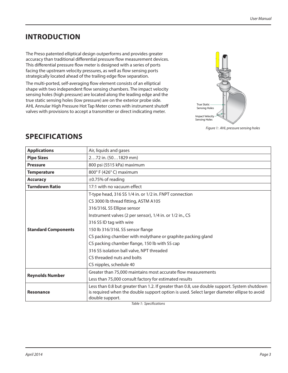Introduction, Specifications | Badger Meter AHL - Hot Tap, High Pressure (2 to 30")" User Manual | Page 3 / 8