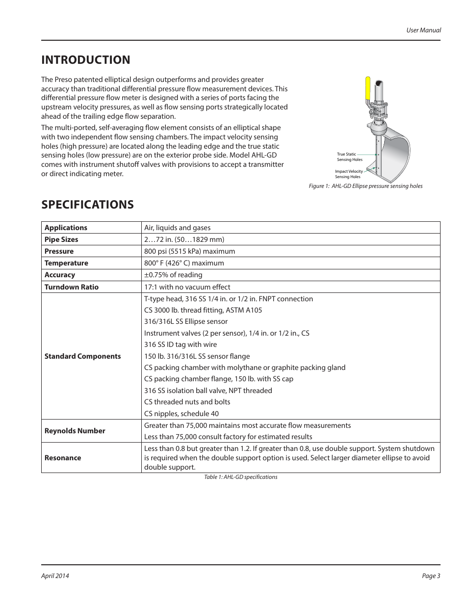 Introduction, Specifications | Badger Meter AHL-GD - Hot Tap, High Pressure (2 to 72")" User Manual | Page 3 / 8