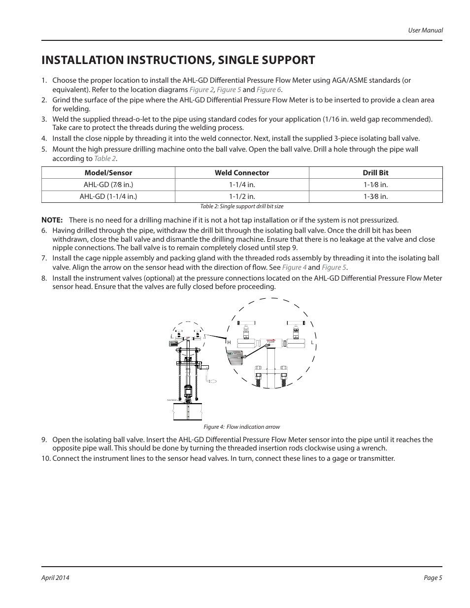 Installation instructions, single support | Badger Meter AHL-GD - Hot Tap, High Pressure (2 to 72")" User Manual | Page 5 / 8