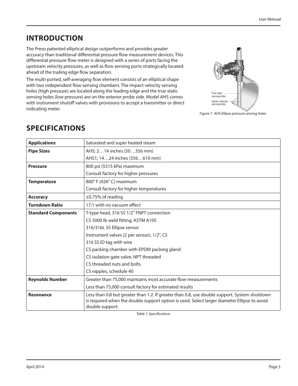 Introduction, Specifications | Badger Meter AHS - Hot Tap, Steam (2 to 24")" User Manual | Page 3 / 8