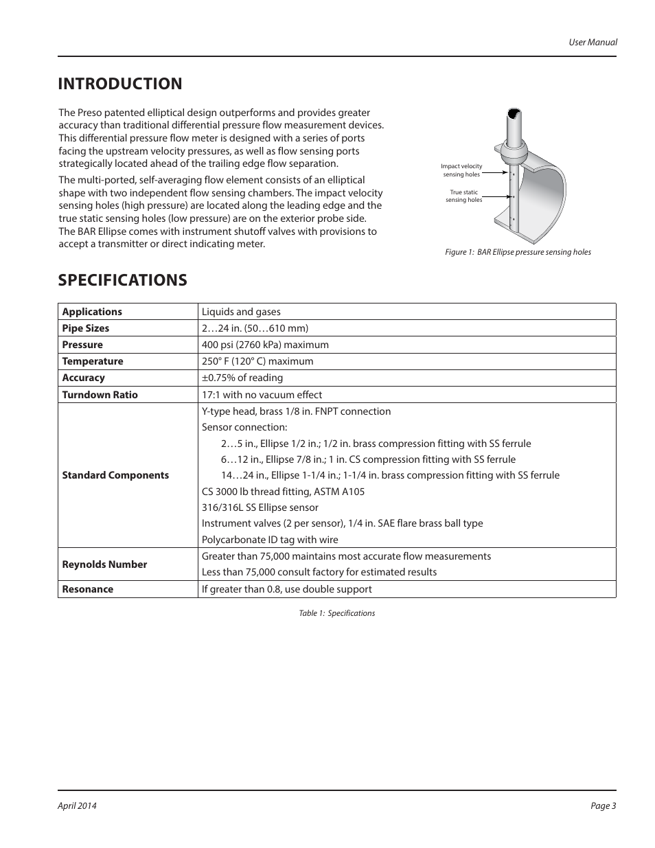 Introduction, Specifications | Badger Meter Model BAR User Manual | Page 3 / 8
