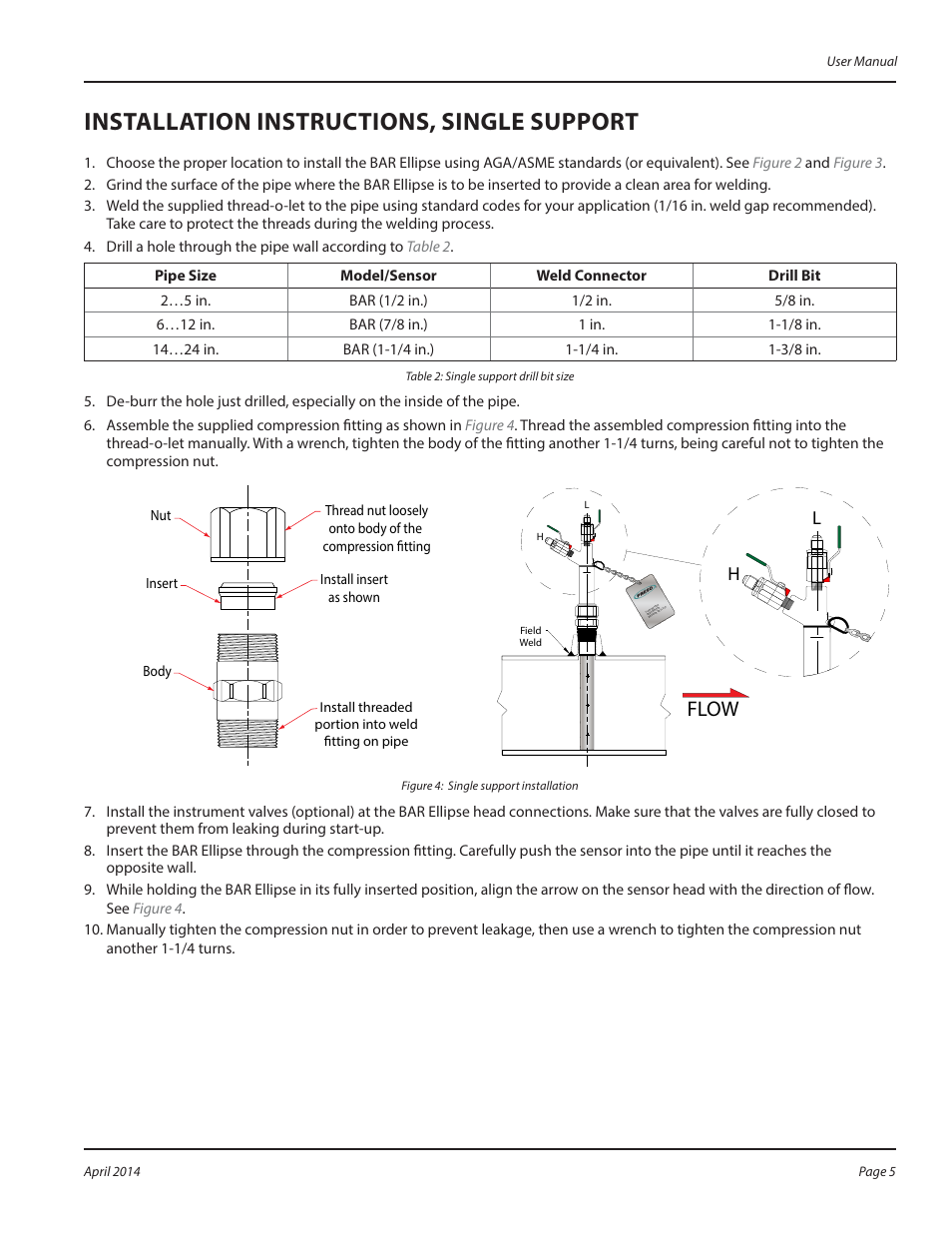 Installation instructions, single support, Flow | Badger Meter Model BAR User Manual | Page 5 / 8