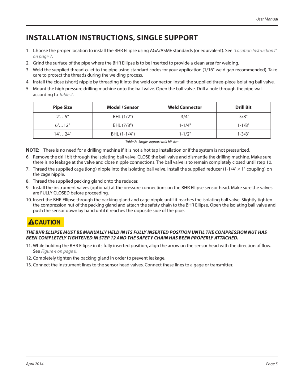 Installation instructions, single support | Badger Meter Model BHR User Manual | Page 5 / 8