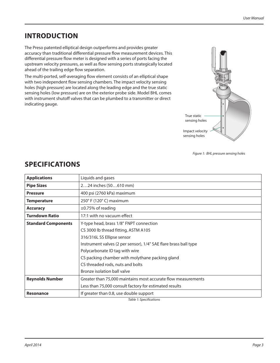 Introduction, Specifications | Badger Meter Model BHL User Manual | Page 3 / 8