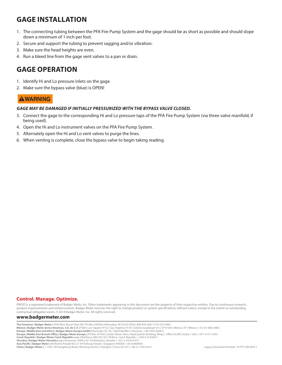 Gage installation, Gage operation | Badger Meter Ellipse Model PFA User Manual | Page 8 / 8