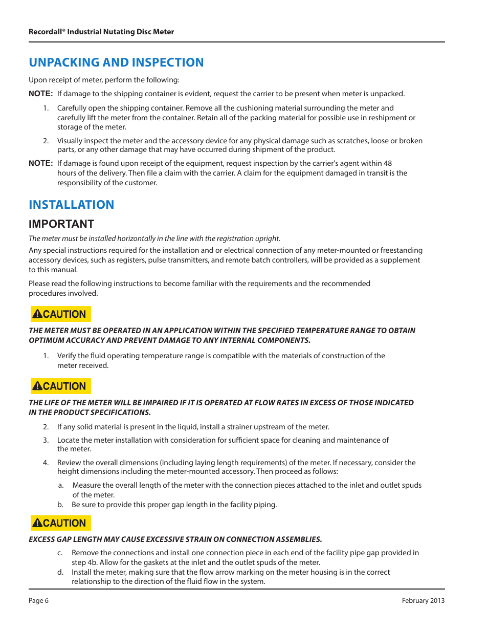 Unpacking and inspection, Installation, Imnootao i | Badger Meter Disc Meter User Manual | Page 6 / 10