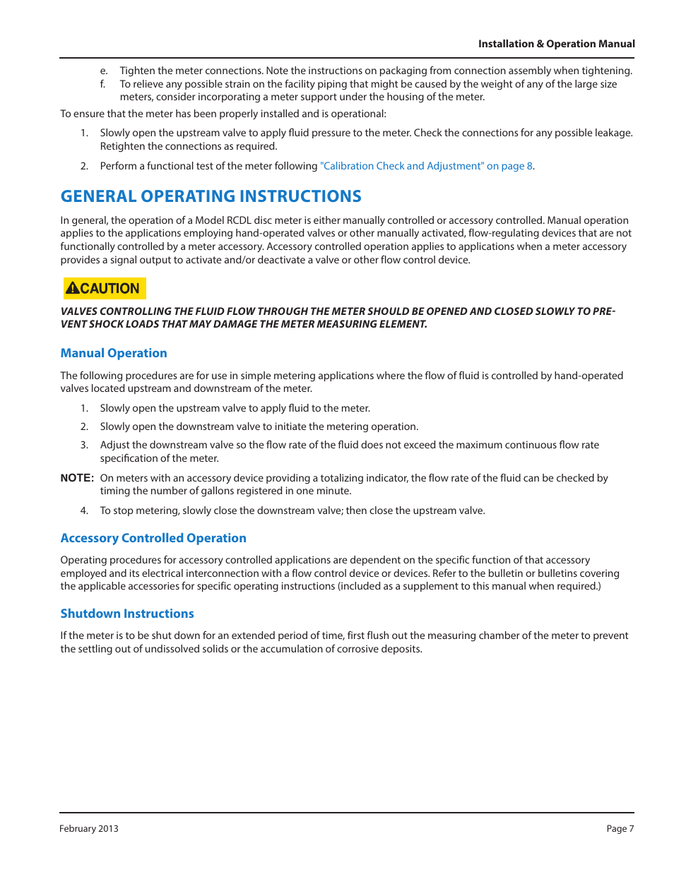 General operating instructions, Manual operation, Accessory controlled operation | Shutdown instructions | Badger Meter Disc Meter User Manual | Page 7 / 10