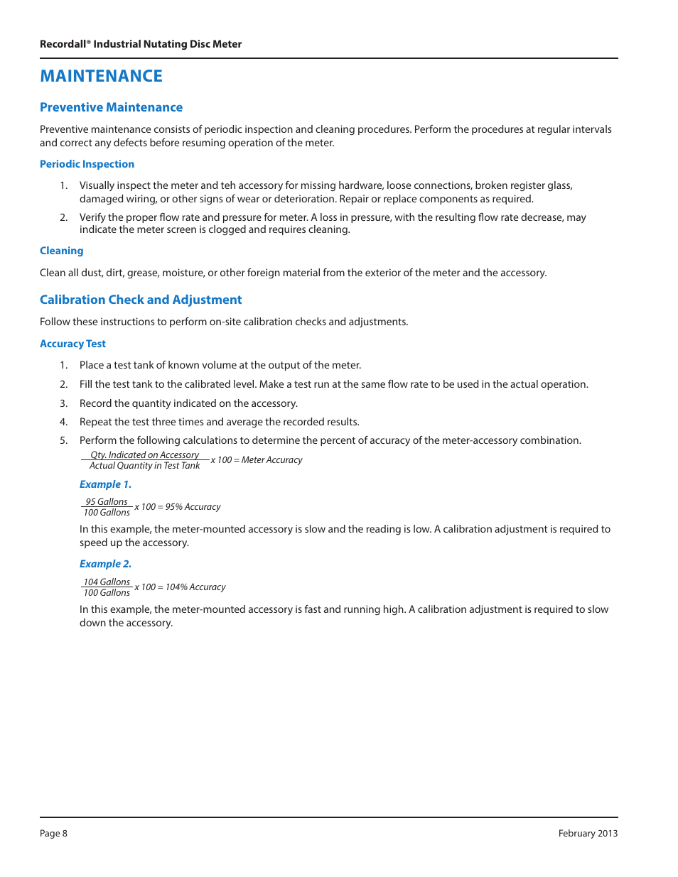 Maintenance, Preventive maintenance, Calibration check and adjustment | Badger Meter Disc Meter User Manual | Page 8 / 10