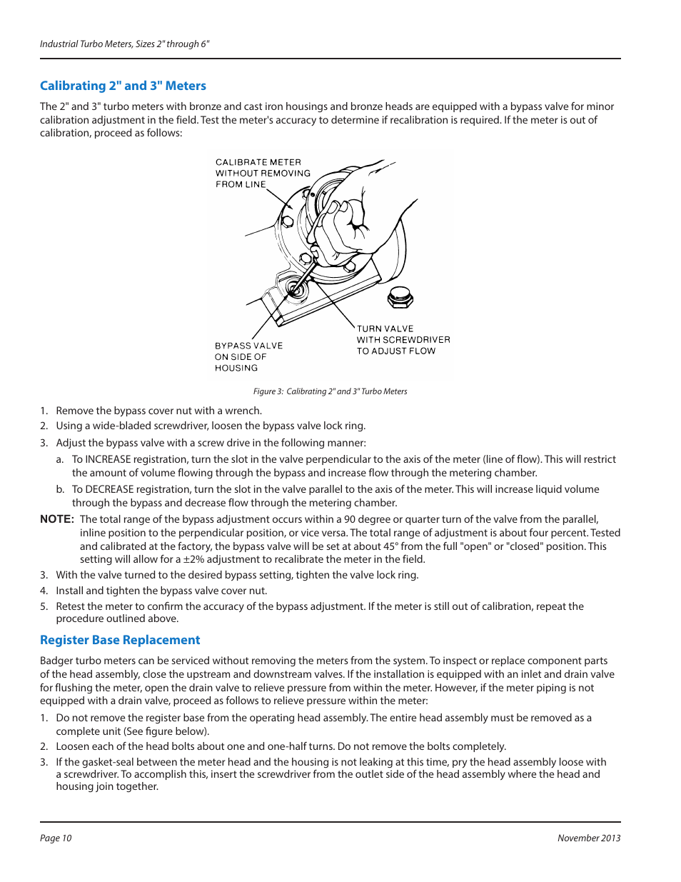 Calibrating 2" and 3" meters, Register base replacement | Badger Meter Water Conditioning User Manual | Page 10 / 16