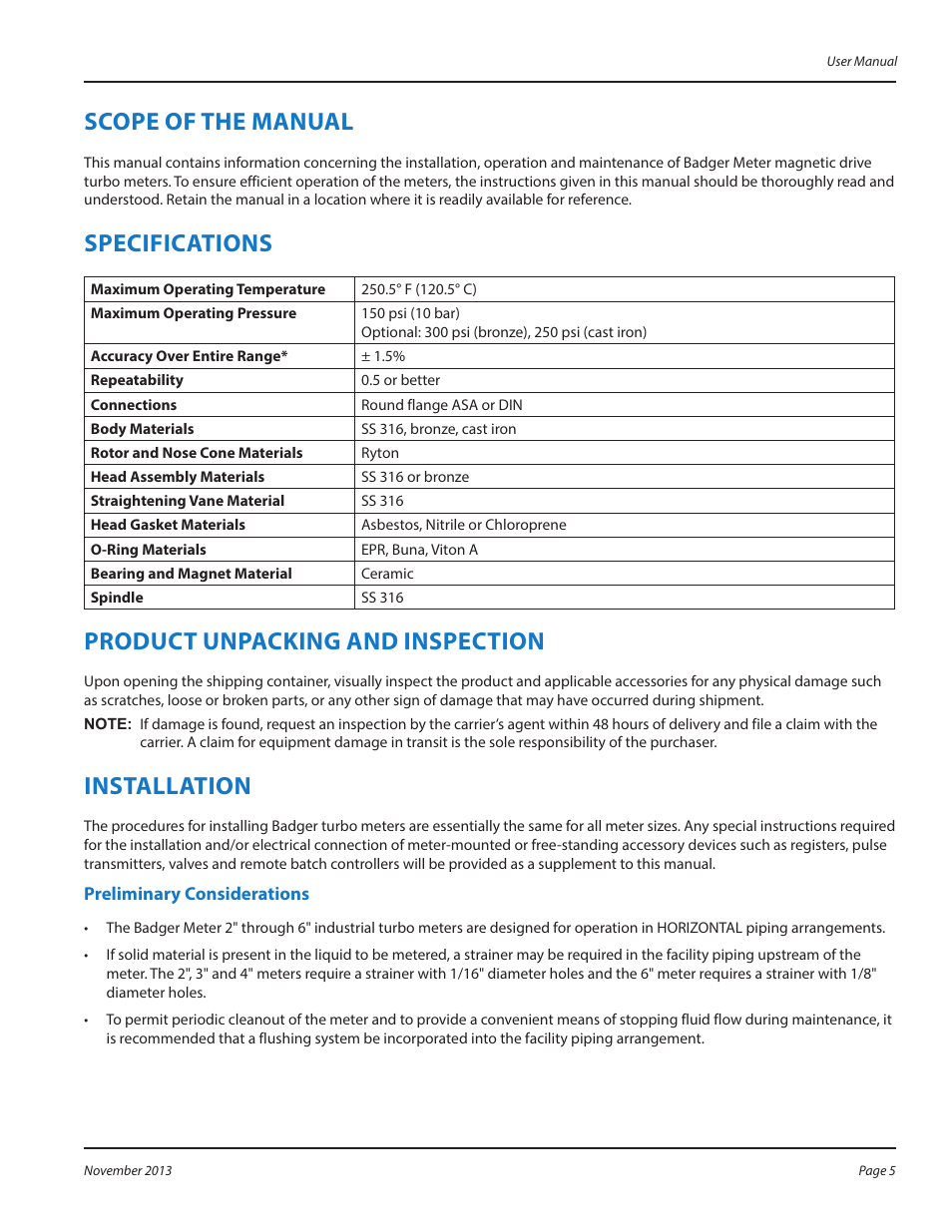 Scope of the manual, Specifications, Product unpacking and inspection | Installation, Preliminary considerations, Scope of the manual 5, Specifications 5, Product unpacking and inspection 5, Installation 5, Preliminary considerations 5 | Badger Meter Water Conditioning User Manual | Page 5 / 16