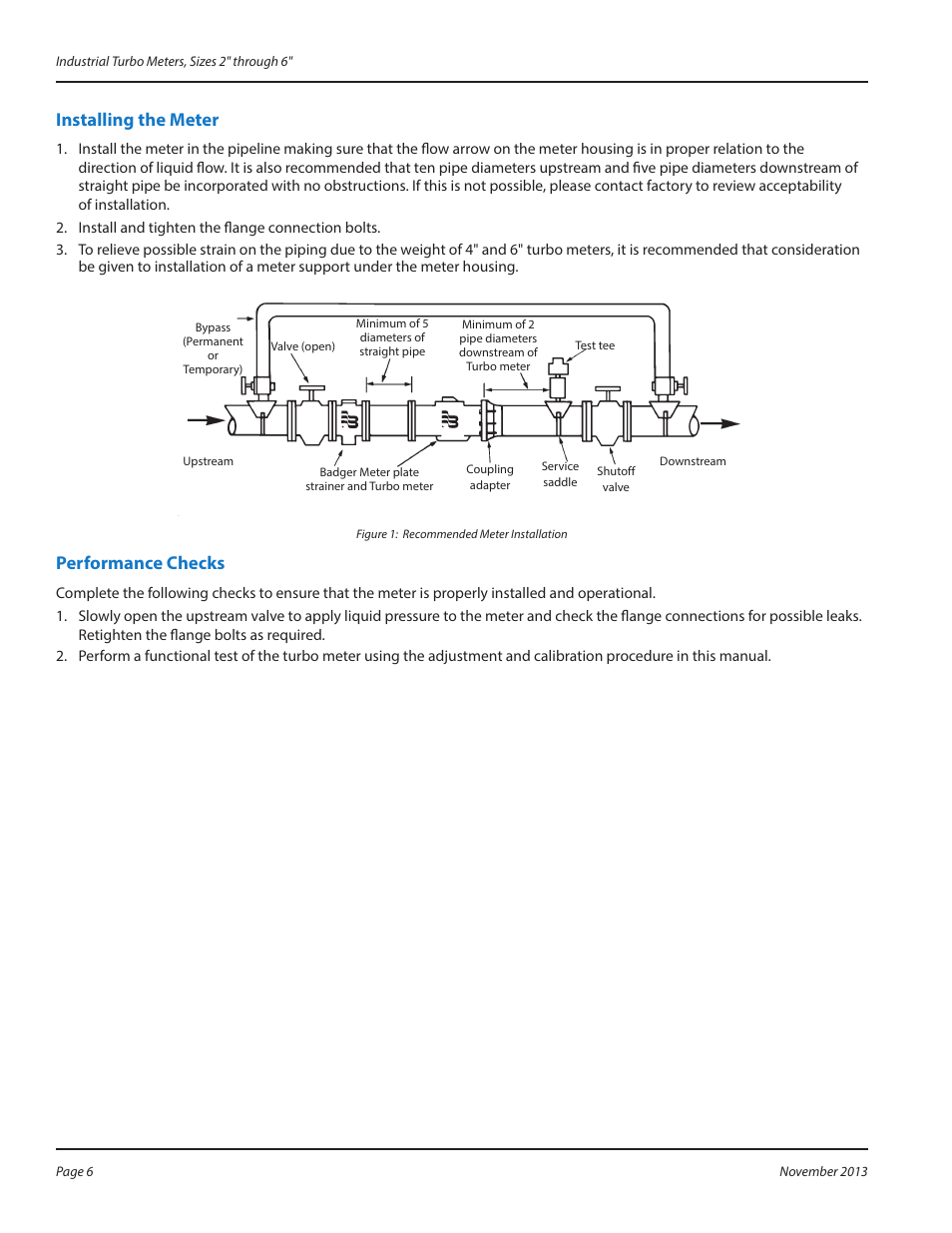 Installing the meter, Performance checks, Installing the meter 6 performance checks 6 | Badger Meter Water Conditioning User Manual | Page 6 / 16