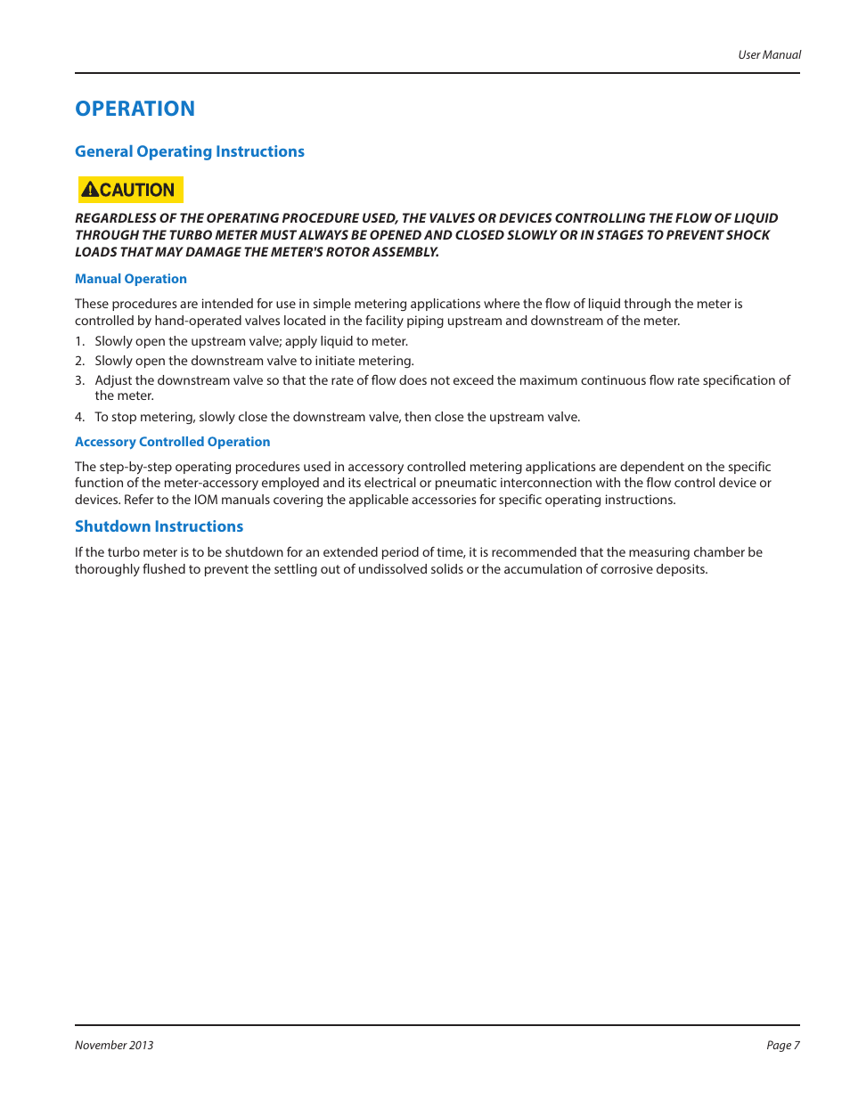 Operation, General operating instructions, Manual operation | Accessory controlled operation, Shutdown instructions, Operation 7, General operating instructions 7, Shutdown instructions 7 | Badger Meter Water Conditioning User Manual | Page 7 / 16