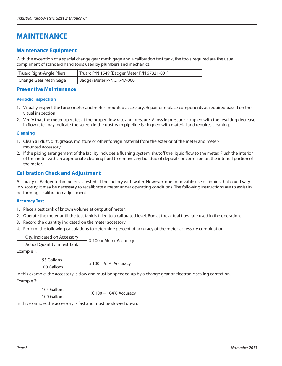 Maintenance, Maintenance equipment, Preventive maintenance | Periodic inspection, Cleaning, Calibration check and adjustment, Accuracy test, Maintenance 8, Maintenance equipment 8 preventive maintenance 8, Periodic inspection 8 cleaning 8 | Badger Meter Water Conditioning User Manual | Page 8 / 16