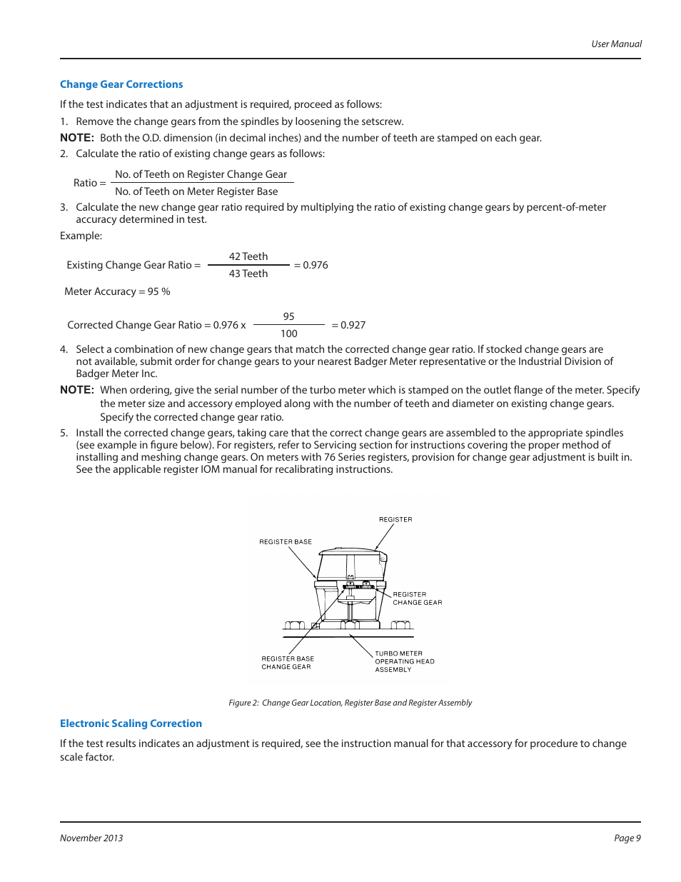 Change gear corrections, Electronic scaling correction | Badger Meter Water Conditioning User Manual | Page 9 / 16