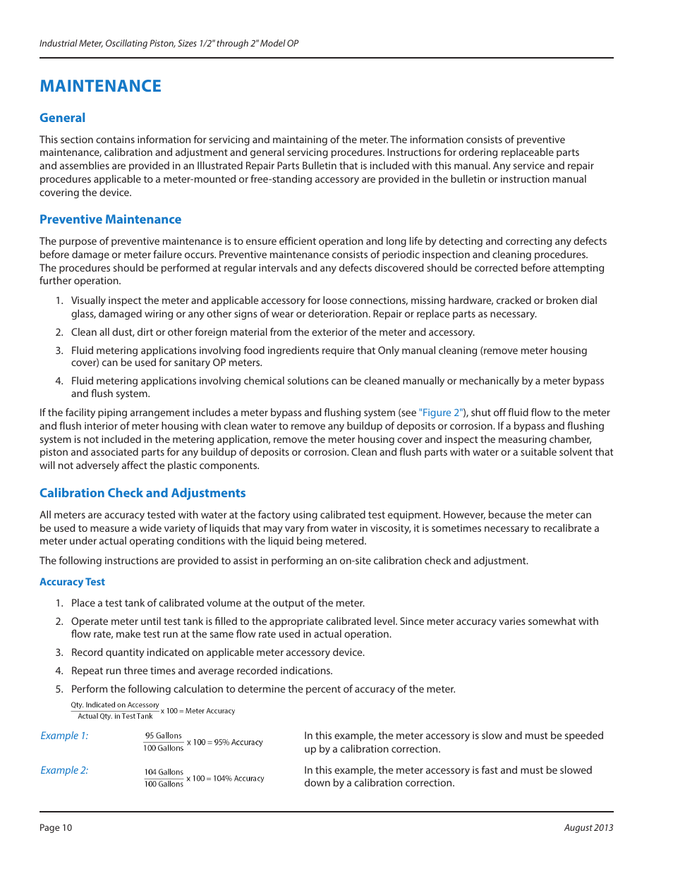 Maintenance, General, Preventive maintenance | Calibration check and adjustments, Maintenance 10 | Badger Meter Oscillating Piston Meter User Manual | Page 10 / 16