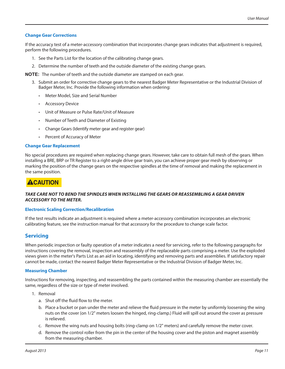 Servicing, Servicing 11 | Badger Meter Oscillating Piston Meter User Manual | Page 11 / 16
