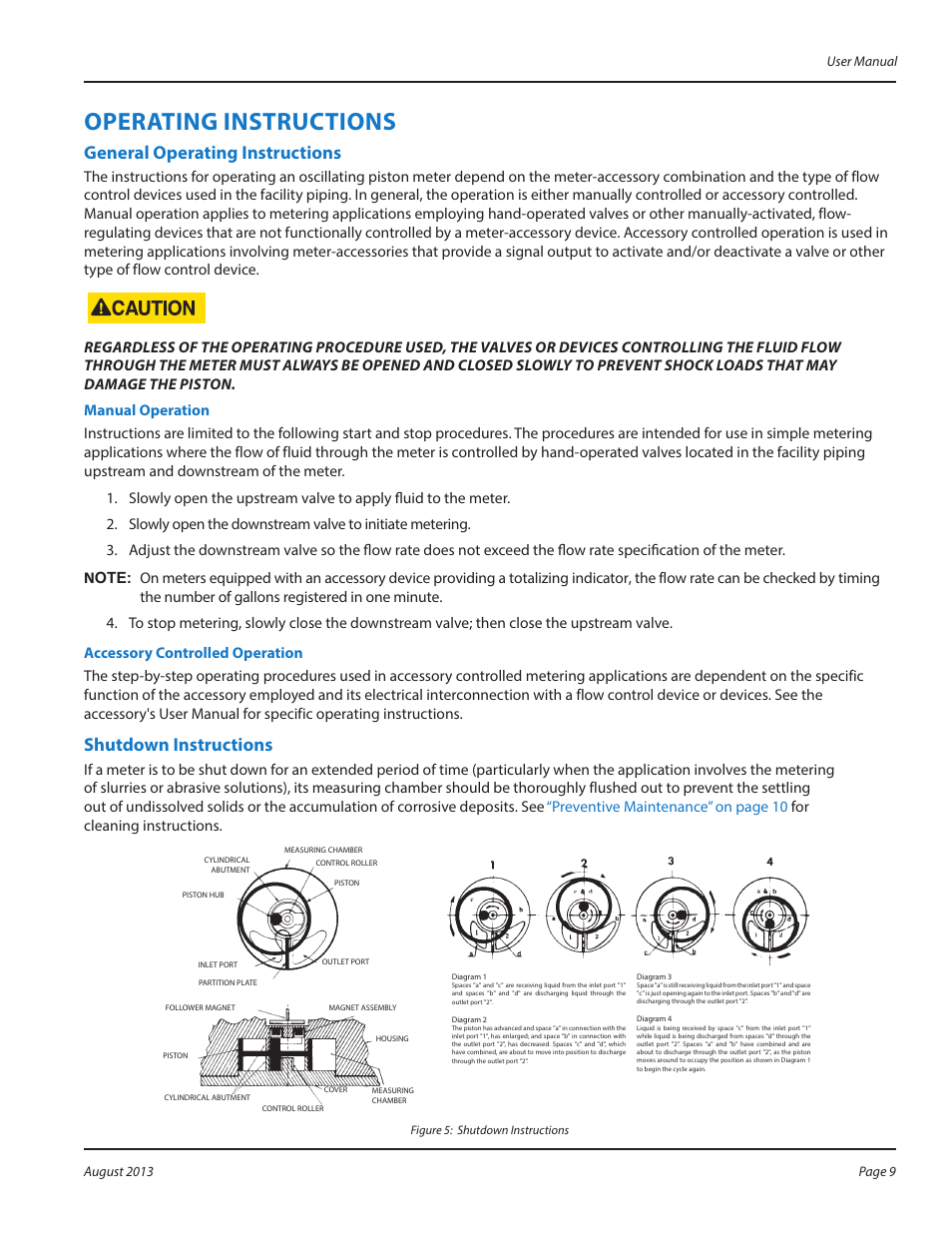 Operating instructions, General operating instructions, Shutdown instructions | Operating instructions 9 | Badger Meter Oscillating Piston Meter User Manual | Page 9 / 16