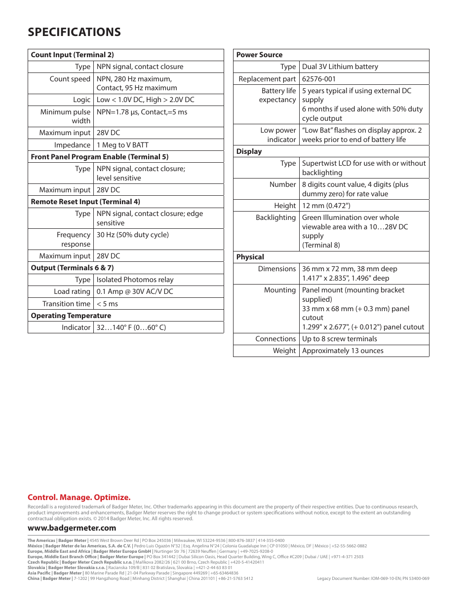 Specifications | Badger Meter Registers User Manual | Page 16 / 16