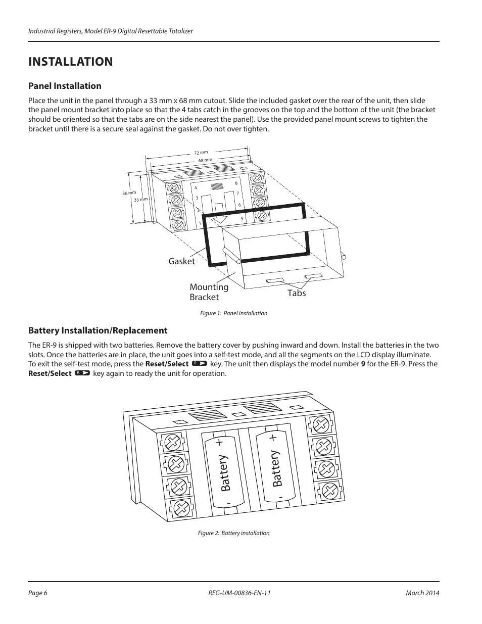 Installation, Panel installation, Battery installation/replacement | Battery | Badger Meter Registers User Manual | Page 6 / 16