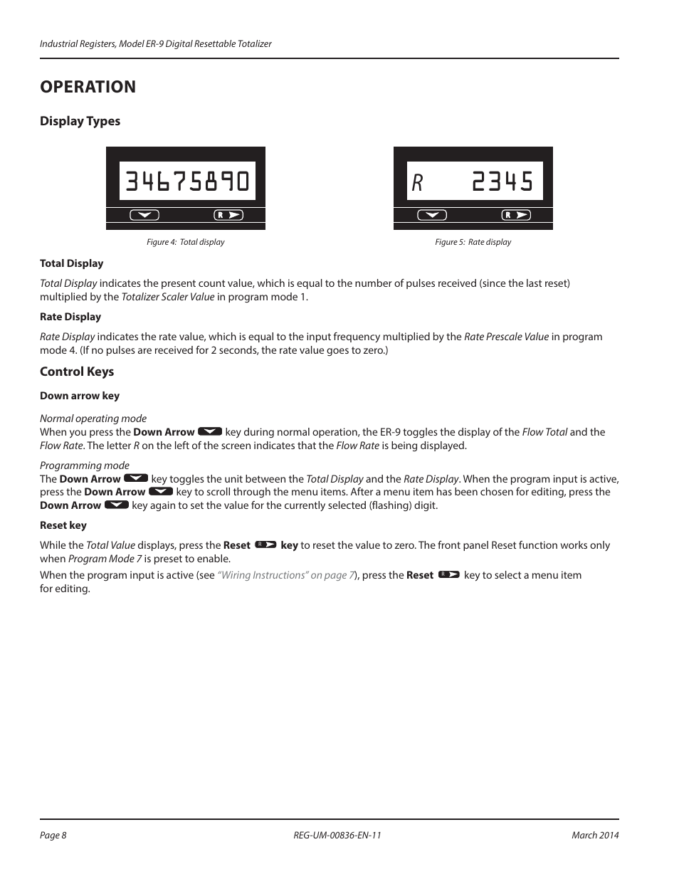 Operation, Display types, Control keys | Display types control keys, R 2345 | Badger Meter Registers User Manual | Page 8 / 16