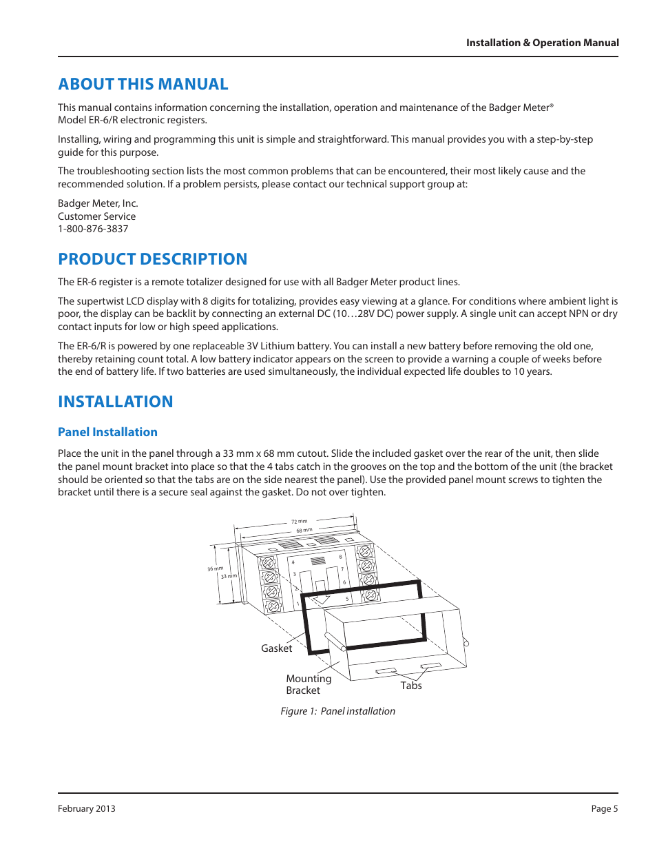About this manual, Product description, Installation | Panel installation | Badger Meter Registers User Manual | Page 5 / 8