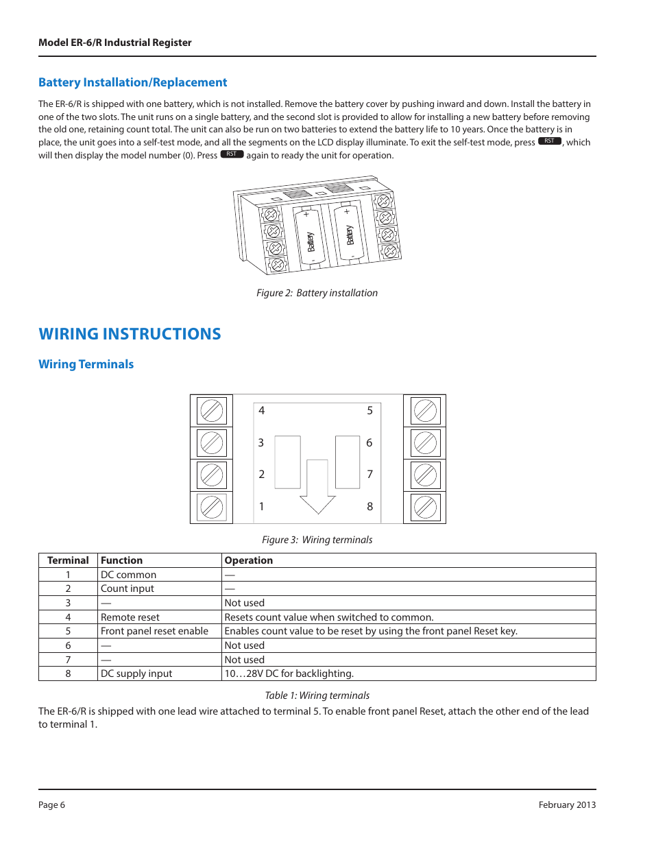 Battery installation/replacement, Wiring instructions, Wiring terminals | Badger Meter Registers User Manual | Page 6 / 8