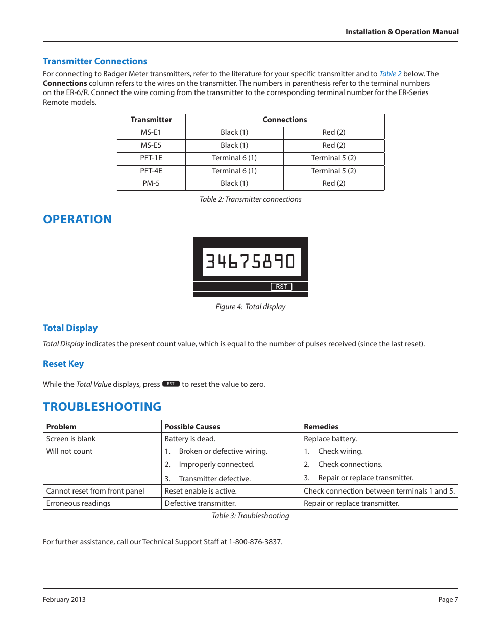 Transmitter connections, Operation, Total display | Reset key, Troubleshooting | Badger Meter Registers User Manual | Page 7 / 8