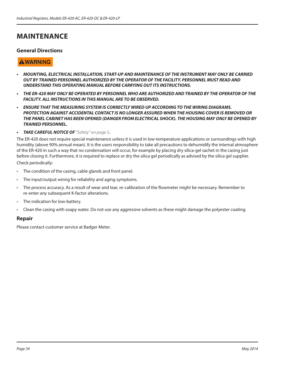 Maintenance, General directions, Repair | Maintenance 34, General directions 34 repair 34 | Badger Meter Registers User Manual | Page 34 / 40