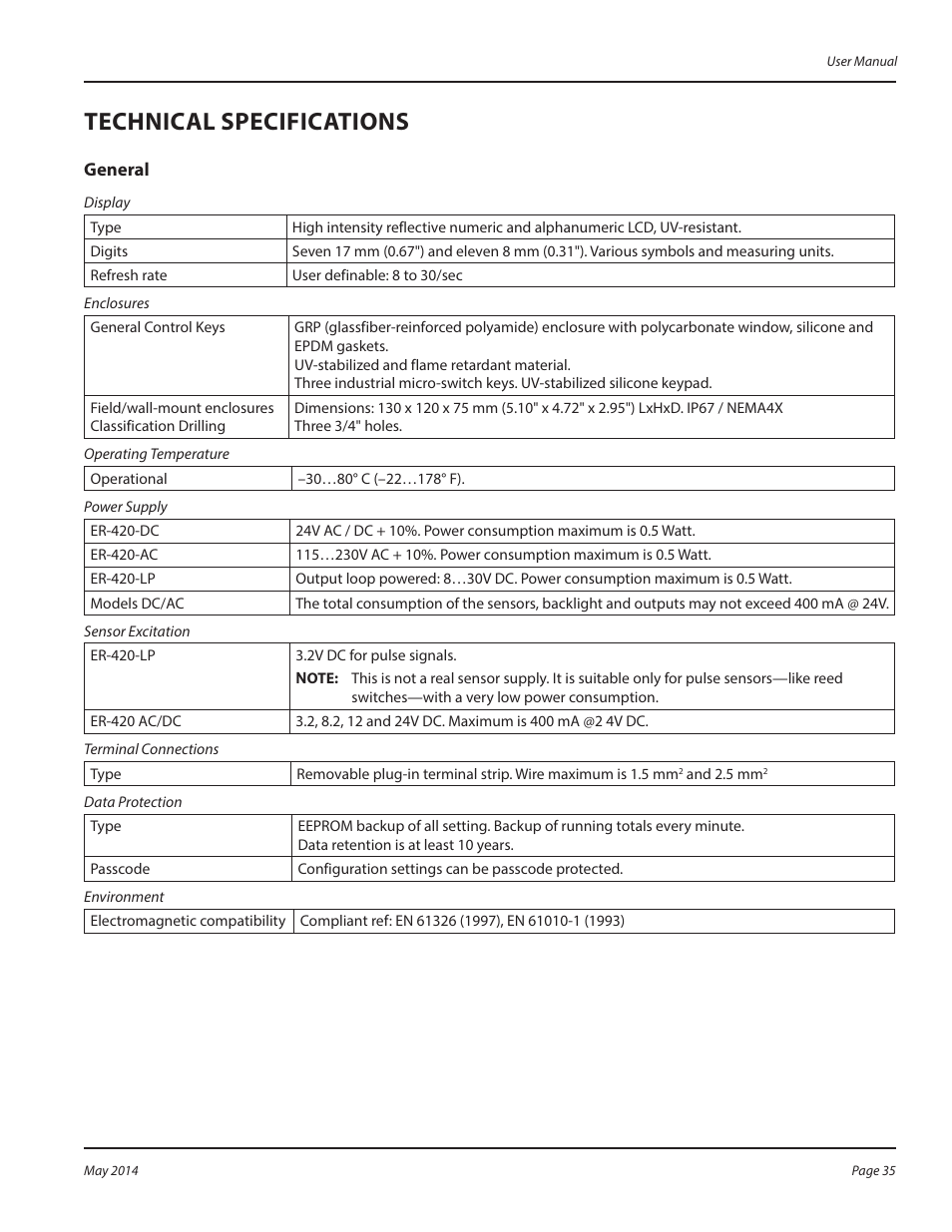 Technical specifications, General, Technical specifications 35 | General 35 | Badger Meter Registers User Manual | Page 35 / 40