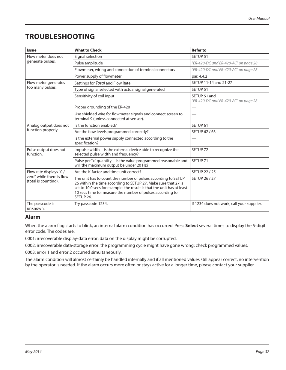 Troubleshooting, Alarm, Troubleshooting 37 | Alarm 37 | Badger Meter Registers User Manual | Page 37 / 40