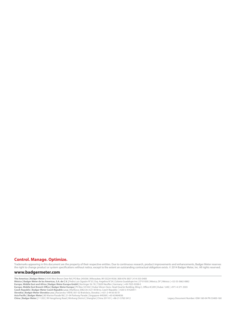 Control. manage. optimize | Badger Meter Registers User Manual | Page 40 / 40